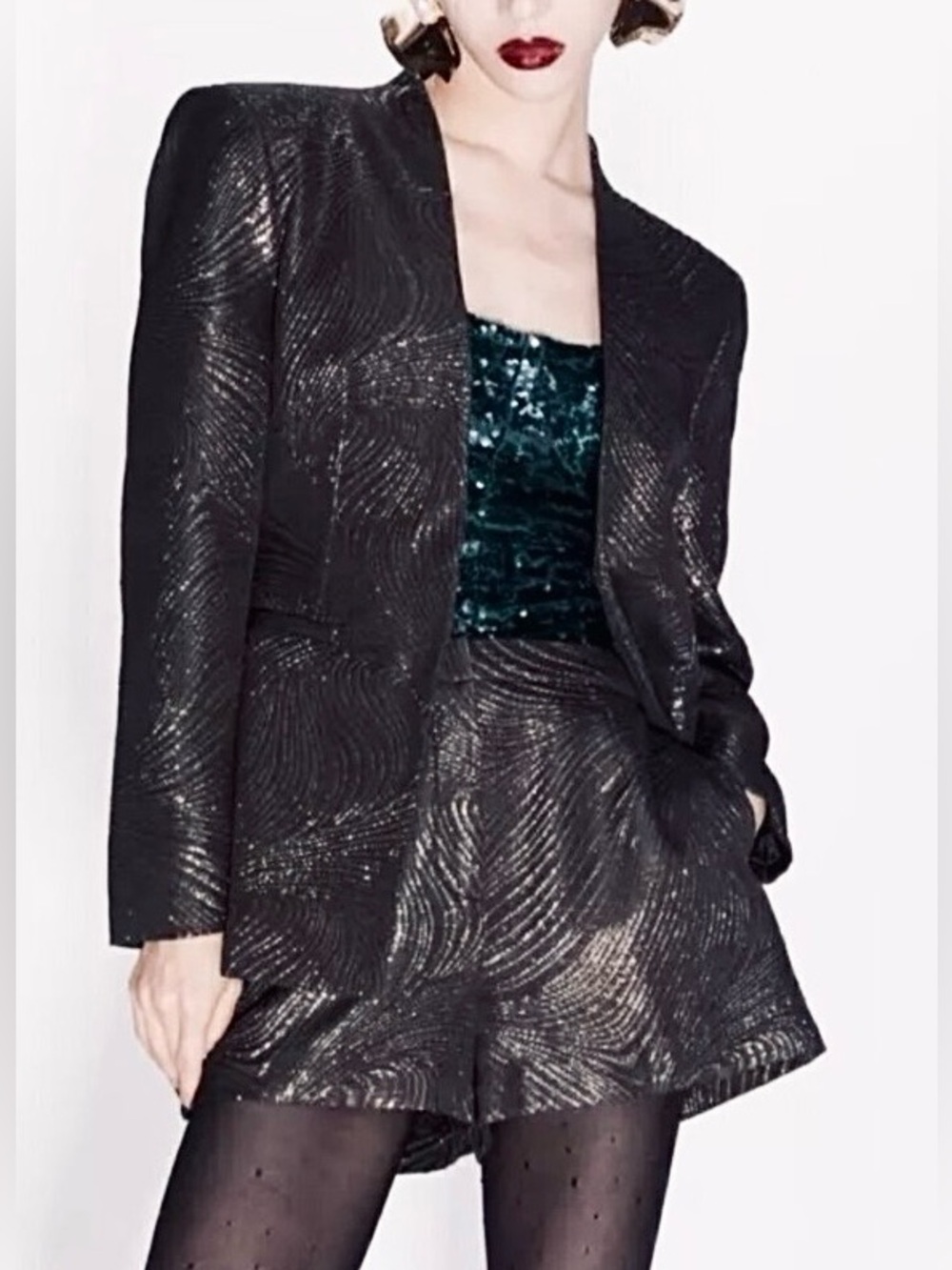 Zara New Festive Days Black Gold Metallic Jacquard Blazer Suit Jacket Medium